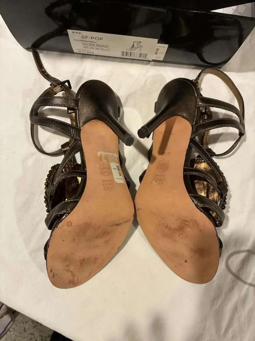 Saks Fifth Avenue SF-Pop Golden Bronze Brush Metallic Heeled Sandals Size 8.5M